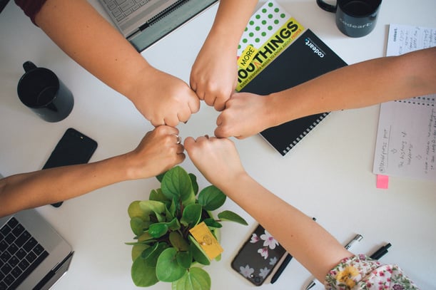 Team holding hands in fist bump