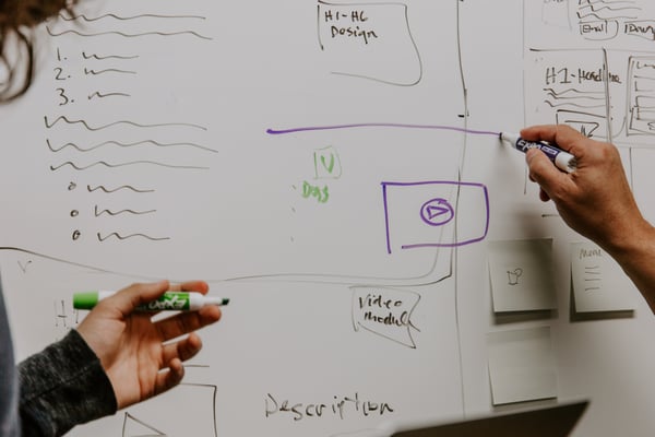 Two people writing on whiteboard