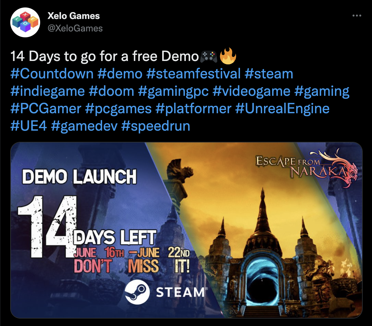 Xelo Games post with countdown for game launch