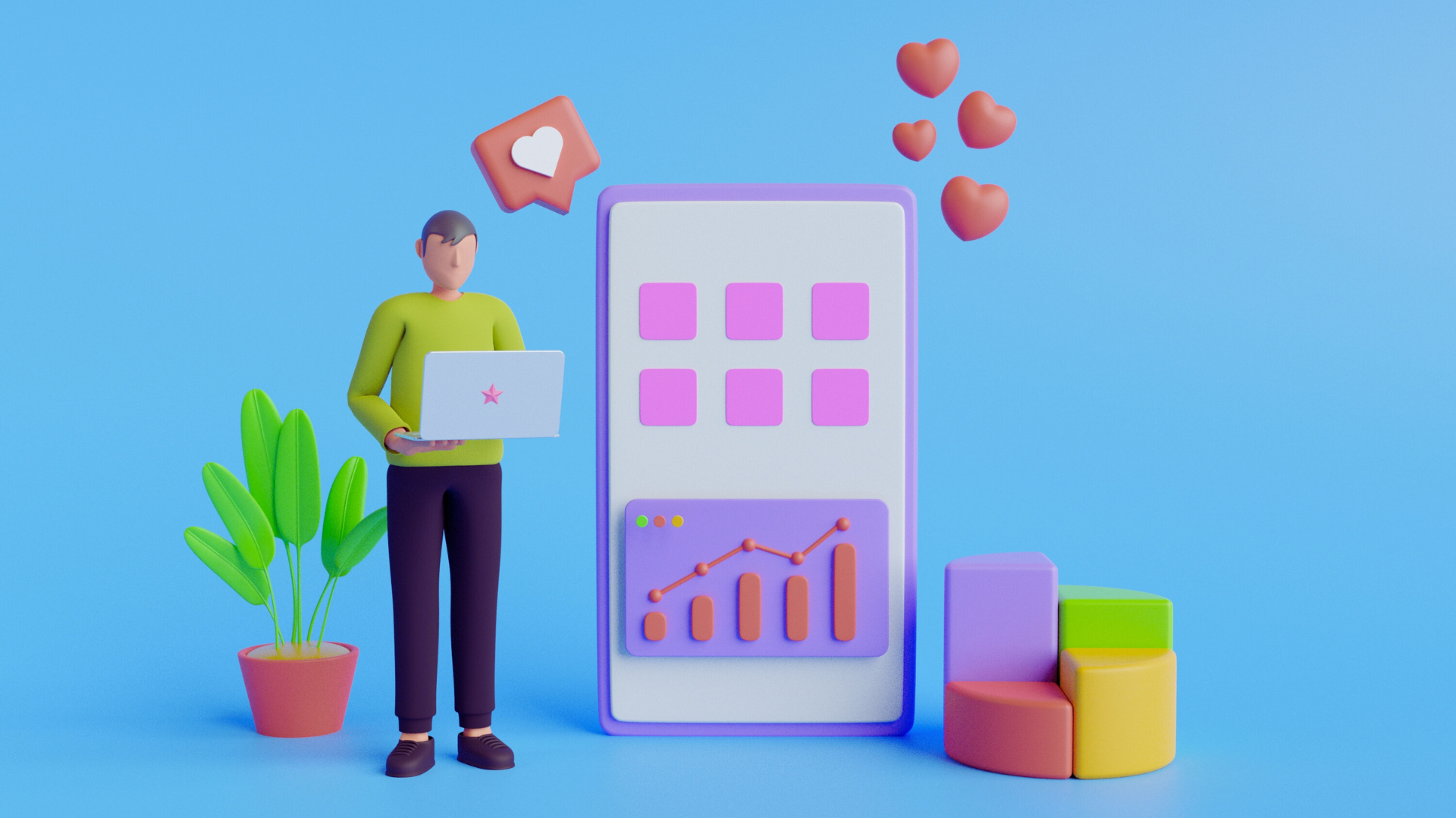 Animated character using laptop